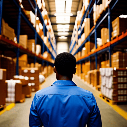 An image showcasing a vibrant scene of a bustling warehouse, filled with neatly stacked shelves overflowing with diverse products